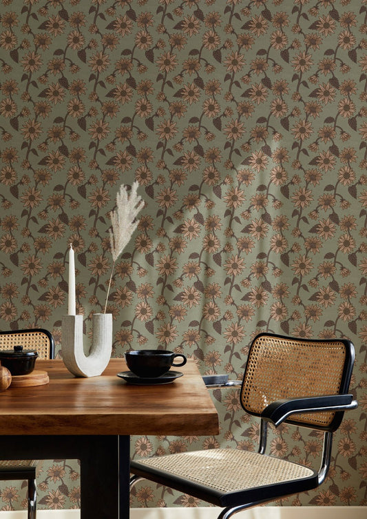 Sunflowers Wallpaper - Green - Summer Gray - Premier Wallcovering