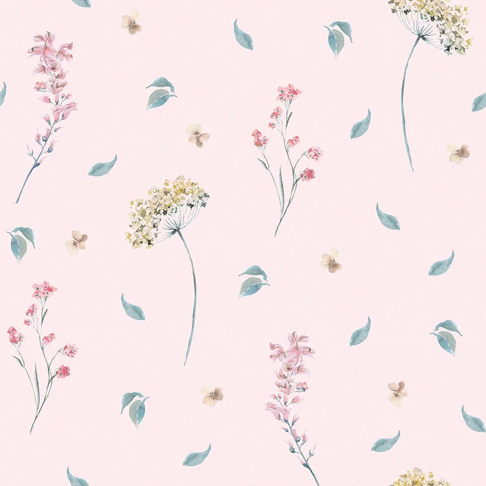 Sweet Meadow Wallpaper - Soft Teal on Pastel Pink - LAN100002 - Lucie Annabel - Premier Wallcovering