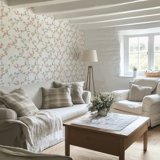 Sweet Pea Wallpaper - Pinks and Lilacs on Vintage Cream - Lucie Annabel - LAN100415 - Premier Wallcovering