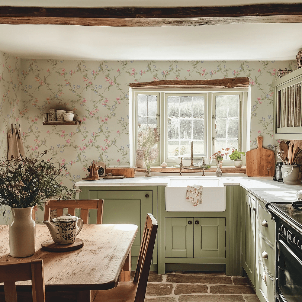 Sweet Pea Wallpaper - Pinks and Lilacs on Soft Sage - Lucie Annabel - LAN100416 - Premier Wallcovering