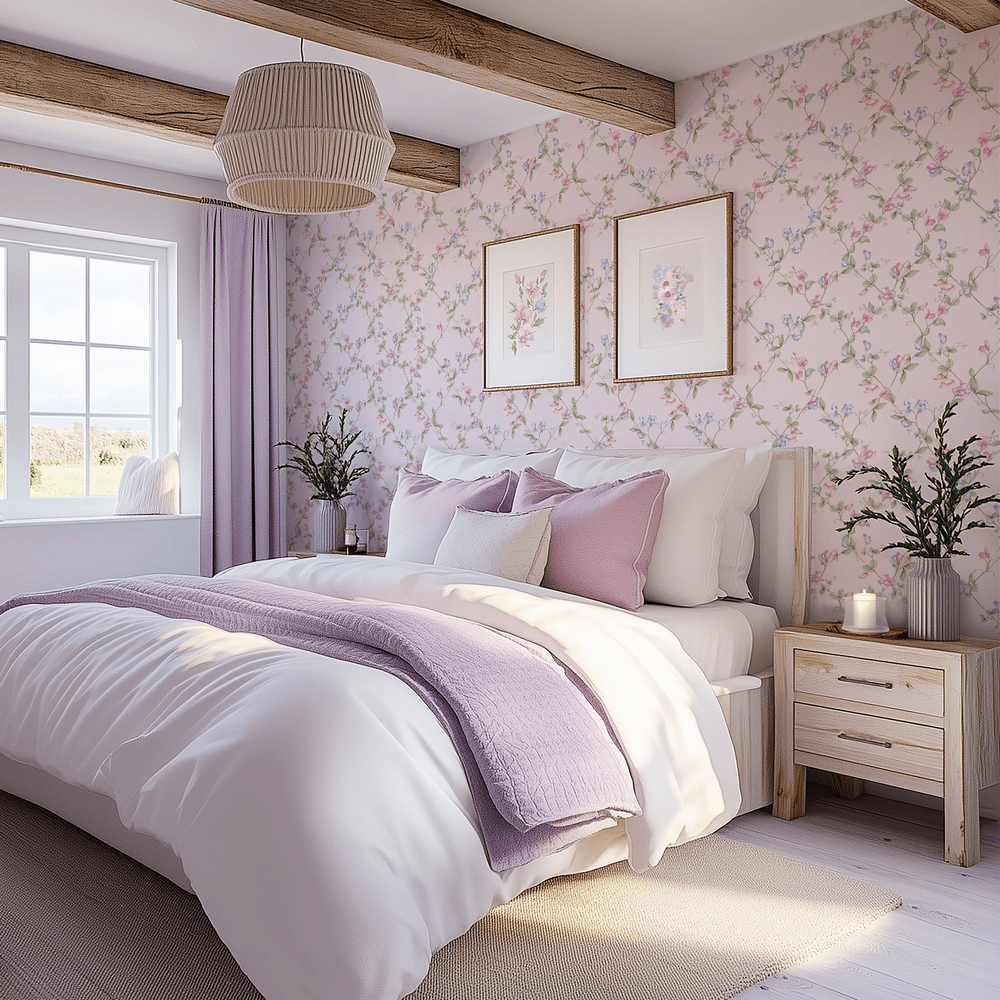 Sweet Pea Wallpaper - Pinks and Lilacs on Pastel Pink - Lucie Annabel - LAN100417 - Premier Wallcovering