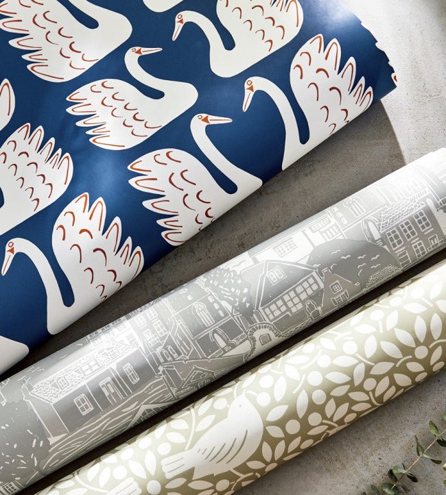 Swim Swam Swan Wallpaper - Denim - NART112797 - Scion - Premier Wallcovering