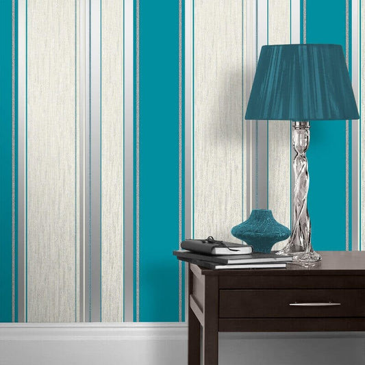 Synergy Stripe Glitter Wallpaper - Teal/Silver - Crown - M0801 - Premier Wallcovering