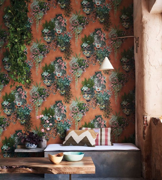 Talavera Wallpaper - Rose & Spring Greens on Terracotta - 117/9025 - Cole & Son - Premier Wallcovering