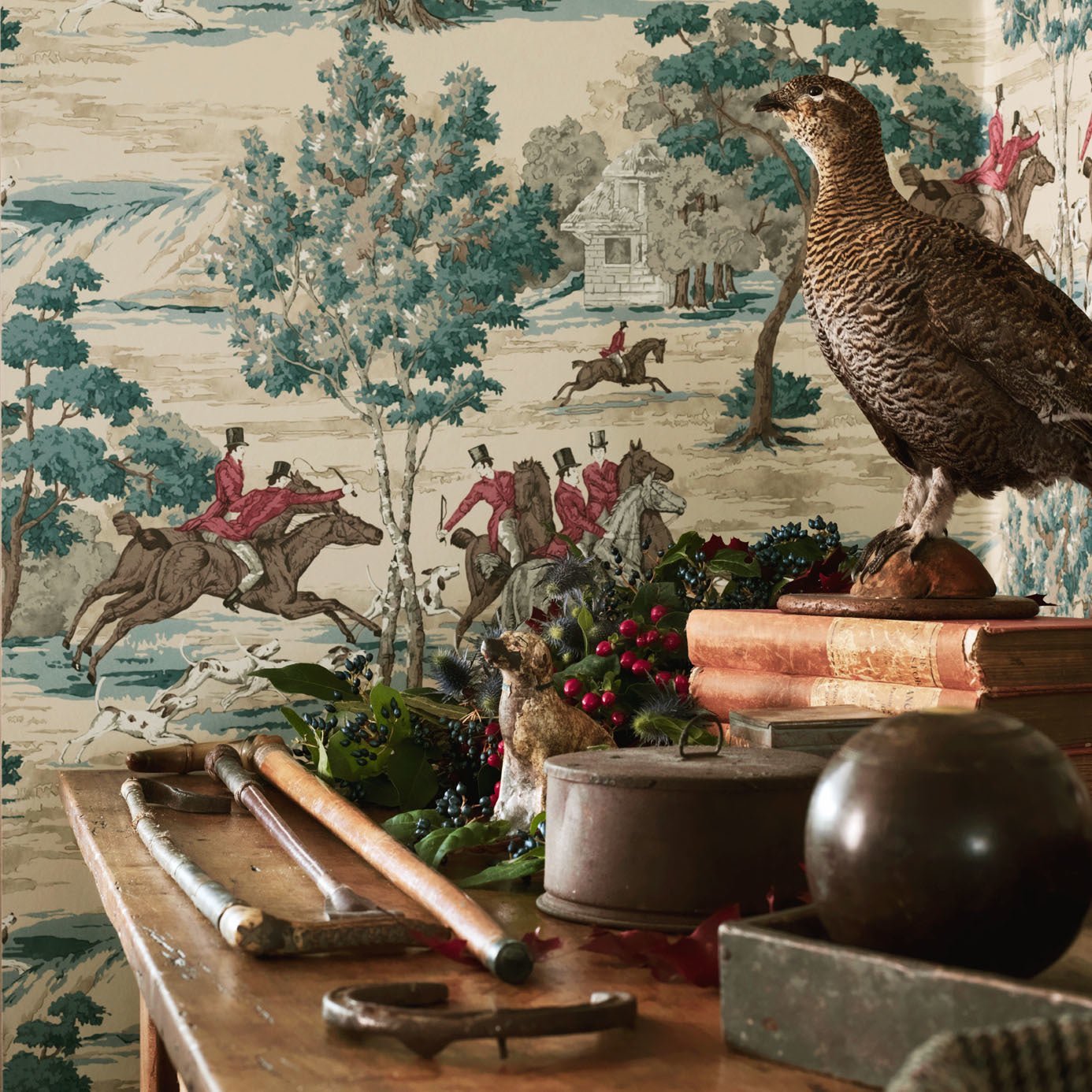 Tally Ho Wallpaper - Teal/Ruby - DVIN214597 - Sanderson - Premier Wallcovering