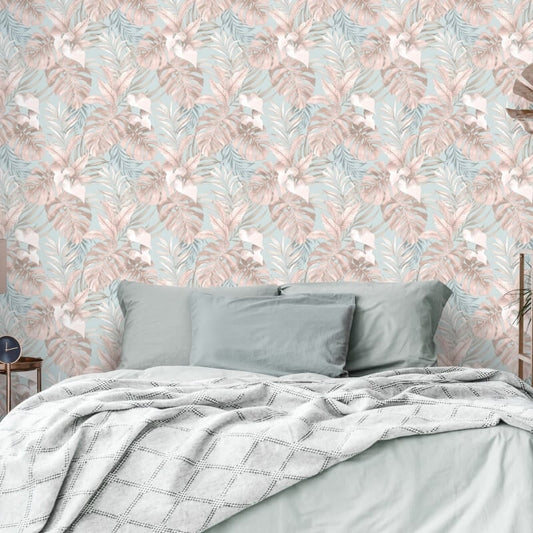 Teeva Jungle Leaf Wallpaper - Duck Egg/Blush - Muriva - 183502 - Premier Wallcovering