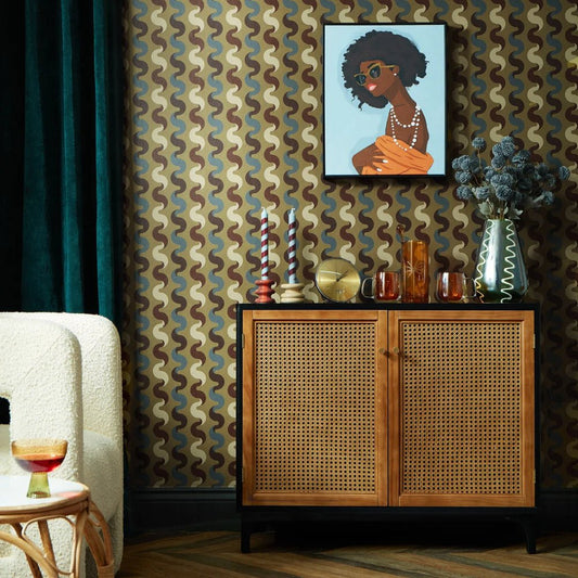 The Hippie Shake Wallpaper - Walnut & Teal on Wasabi - Lust Home - LH900521 - Premier Wallcovering