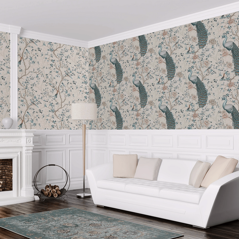 The Peacock's Promise Wallpaper - Vintage Cream - LAN100399 - Lucie Annabel - Premier Wallcovering