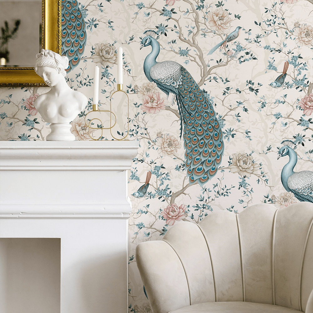 The Peacock's Promise Wallpaper - Vintage Cream - LAN100399 - Lucie Annabel - Premier Wallcovering