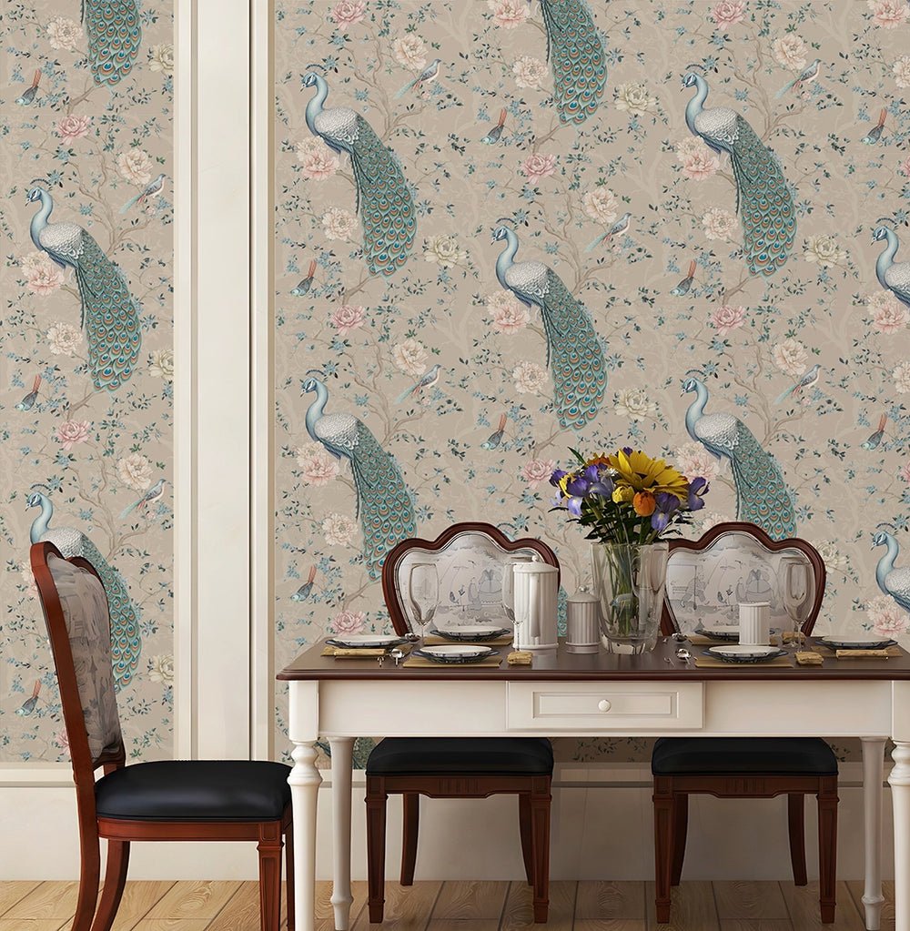 The Peacock's Promise Wallpaper - Latte - LAN100402 - Lucie Annabel - Premier Wallcovering