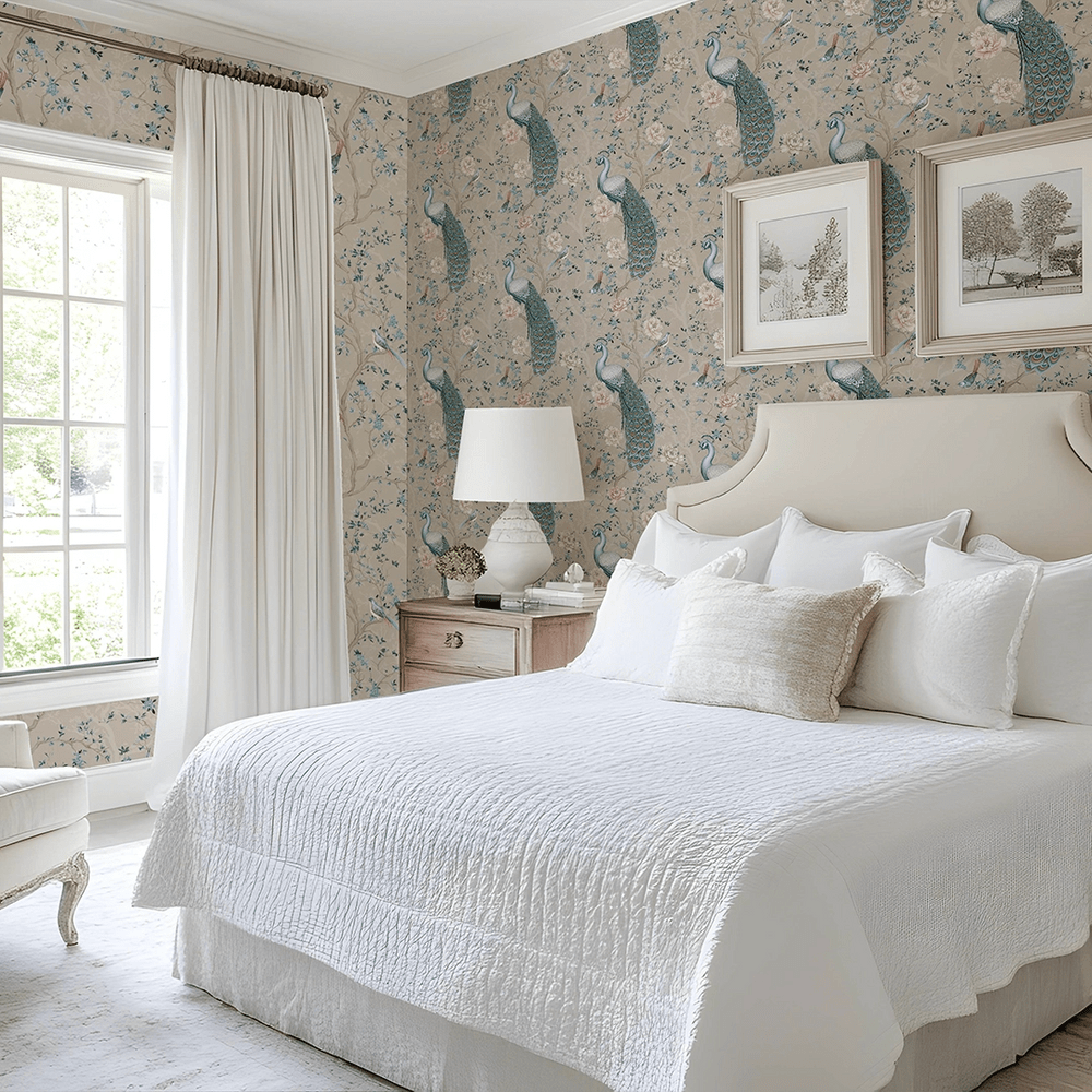 The Peacock's Promise Wallpaper - Latte - LAN100402 - Lucie Annabel - Premier Wallcovering
