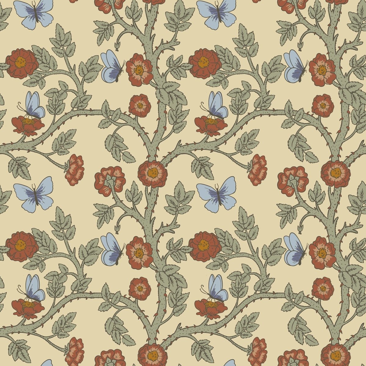 Morris Collections - 1125 - Thorn & Butterfly Wallpaper - Custard - Premier Wallcovering