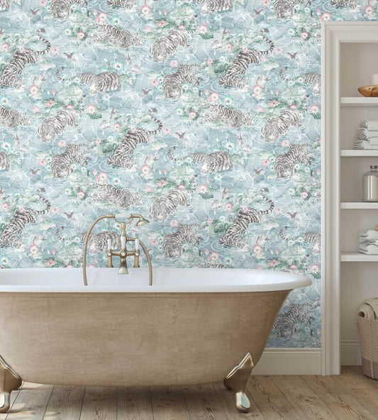Tiger Lily Wallpaper - Arctic Blue & Pink - Brand McKenzie - BMPP004/09A - Premier Wallcovering