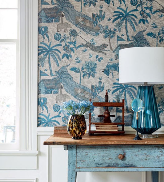 Tiger Reserve Wallpaper - Navy - Thibaut - T10230 - Premier Wallcovering