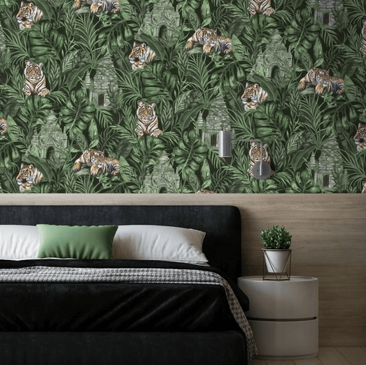 Tiger & Temple Wallpaper - Green - The Graduate Collection - CW1TEMPLEGREEN - Premier Wallcovering