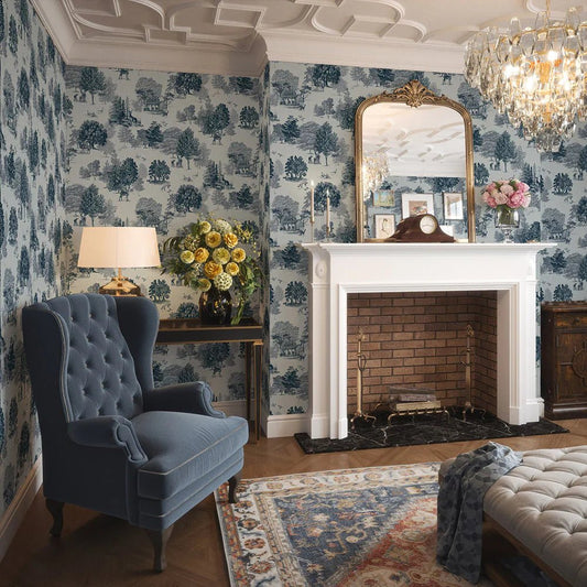 Toile De Jouy Wallpaper - Ink Blue - LAN100118 - Lucie Annabel - Premier Wallcovering