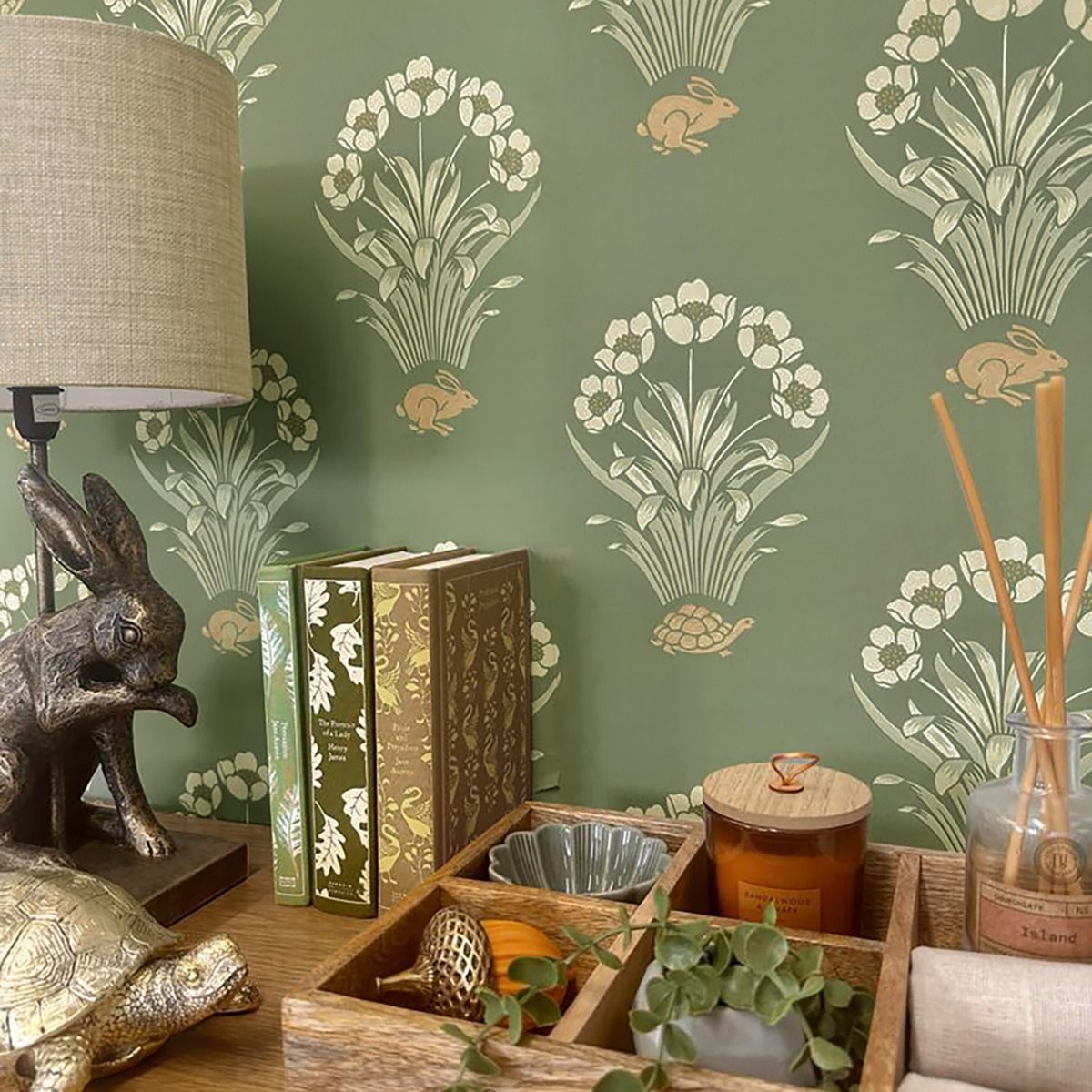 Tortoise and Hare Wallpaper - Sage Green - Belgravia - 6655 - Premier Wallcovering