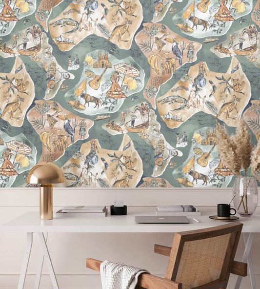 Travel Map Wallpaper - Clay & Khaki - Brand McKenzie - BMPP004/10A - Premier Wallcovering