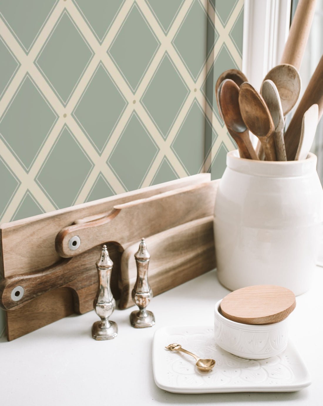 Trellis Wallpaper - Green - Summer Gray - Premier Wallcovering