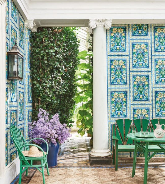 Triana Wallpaper - Canary Yellow & China Blue on Teal - 117/5013 - Cole & Son - Premier Wallcovering