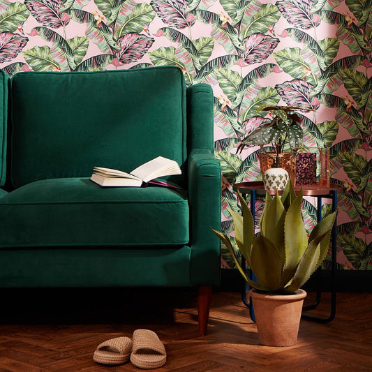 Tropic Like It's Hot Wallpaper - Bubblegum Pink & Tropical Green - Lust Home - LH900195 - Premier Wallcovering