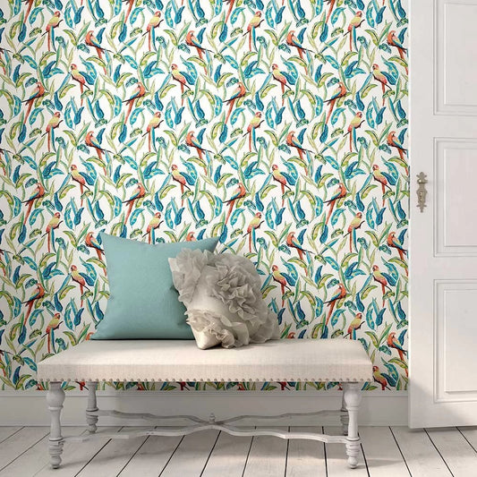 Tropical Parrot Wallpaper - Wilderness White - Ohpopsi - WLD53116W - Premier Wallcovering