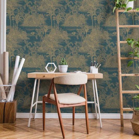 Tropical Toile Wallpaper - Blue/Gold - Muriva - M37301 - Premier Wallcovering