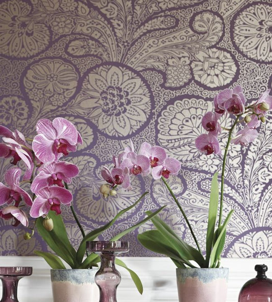 Troubadour Wallpaper - Metallic Gold on Plum - Thibaut - T13062 - Premier Wallcovering