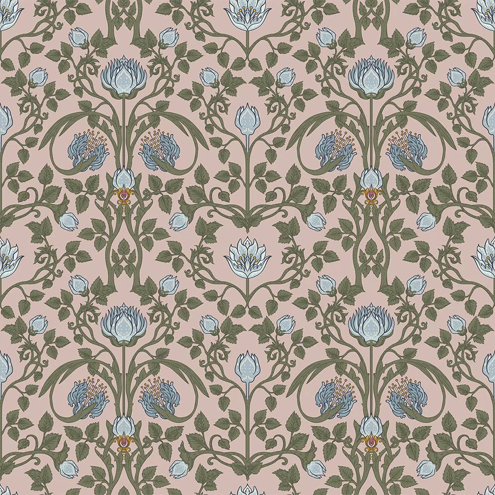 Tulip Garden Wallpaper - Mineral and Forest Green on Vintage Rose - LAN100038 - Lucie Annabel - Premier Wallcovering