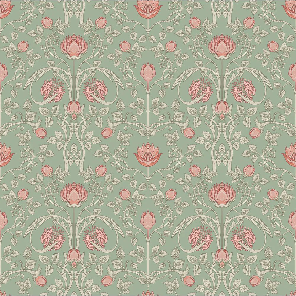 Tulip Garden Wallpaper - Blushing Peach on Green Tea - LAN100039 - Lucie Annabel - Premier Wallcovering