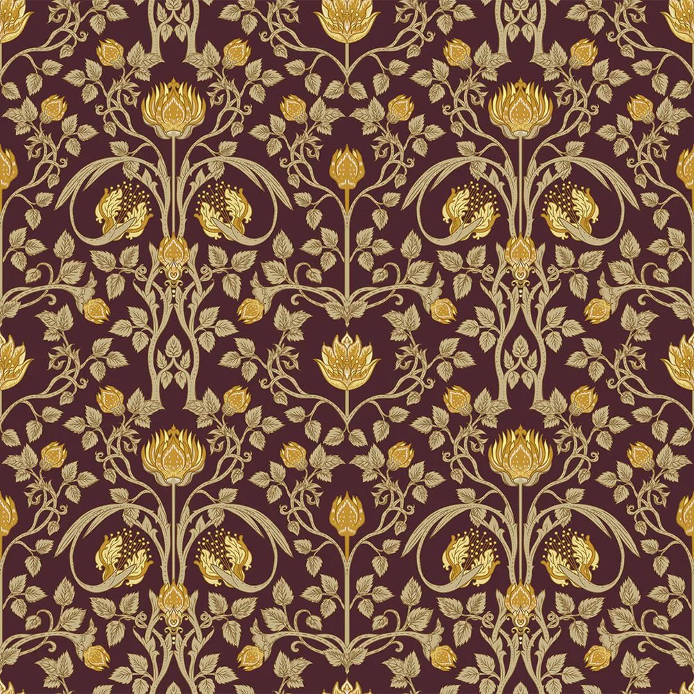 Tulip Garden Wallpaper - Gold on Bordeaux - LAN100040 - Lucie Annabel - Premier Wallcovering