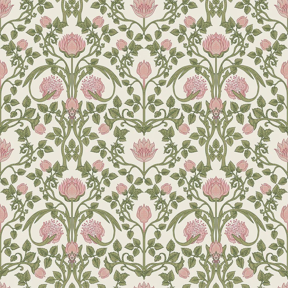 Tulip Garden Wallpaper - Sweet Pink and Olive on Cream - LAN100036 - Lucie Annabel - Premier Wallcovering