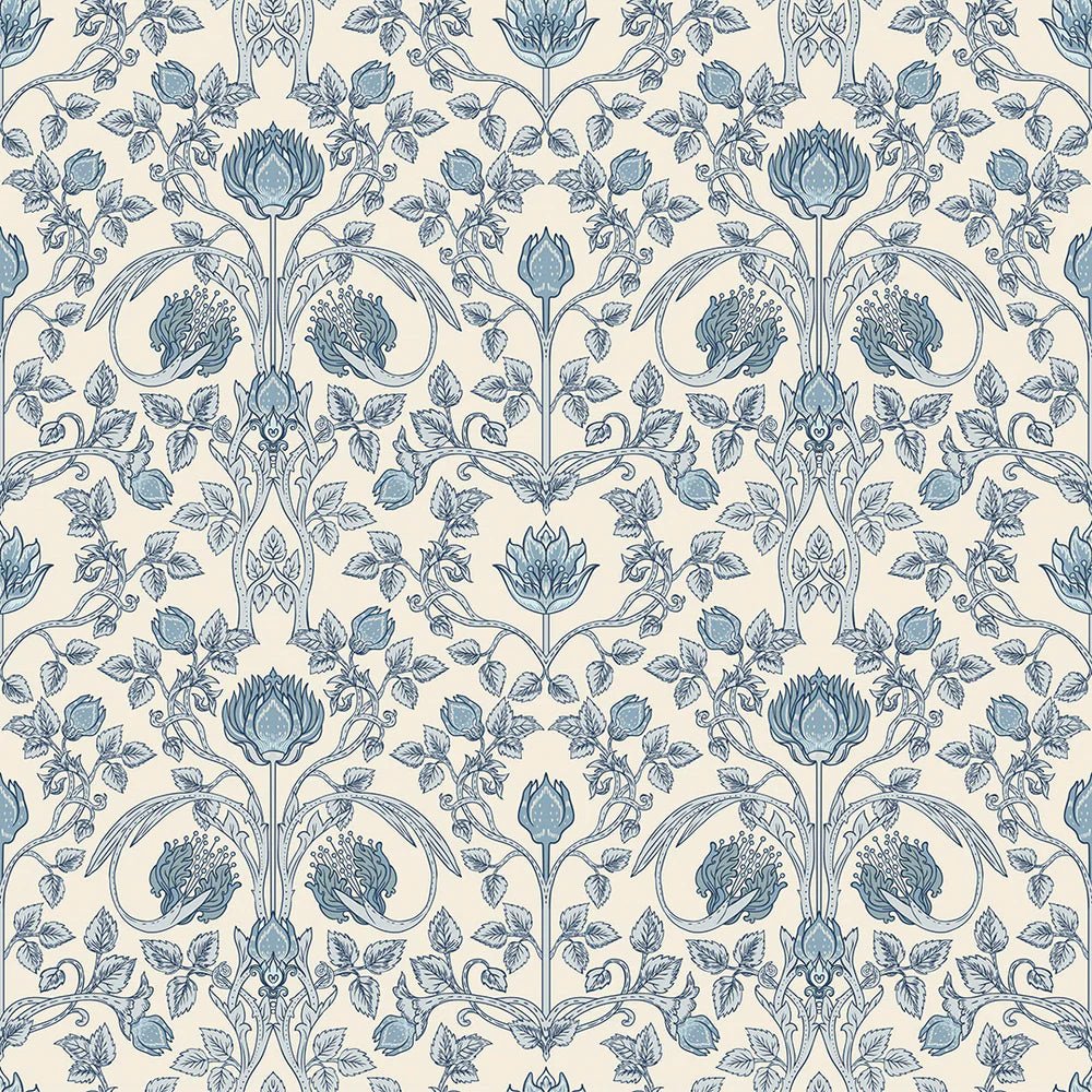Tulip Garden Wallpaper - Cornflower Blue on Vintage Cream - LAN100037 - Lucie Annabel - Premier Wallcovering