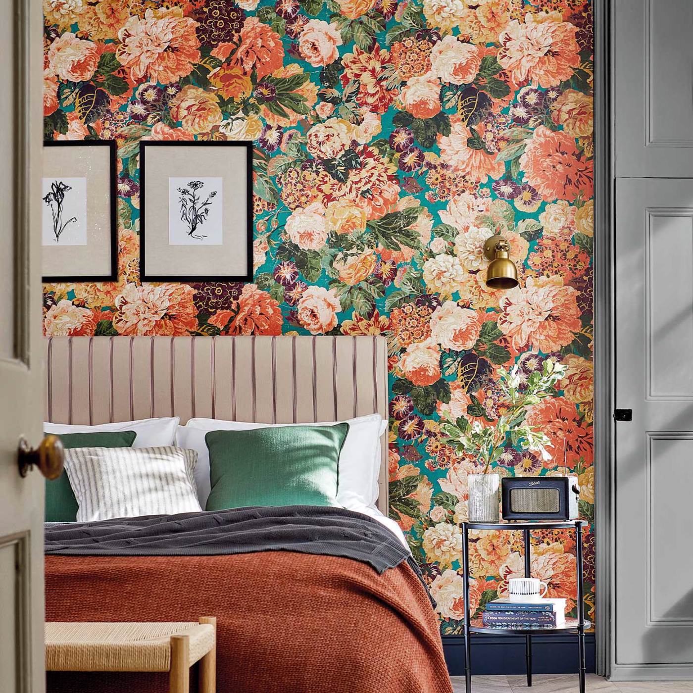 Very Rose And Peony Wallpaper - Kingfisher/Rowan Berry - DOSW217027 - Sanderson - Premier Wallcovering