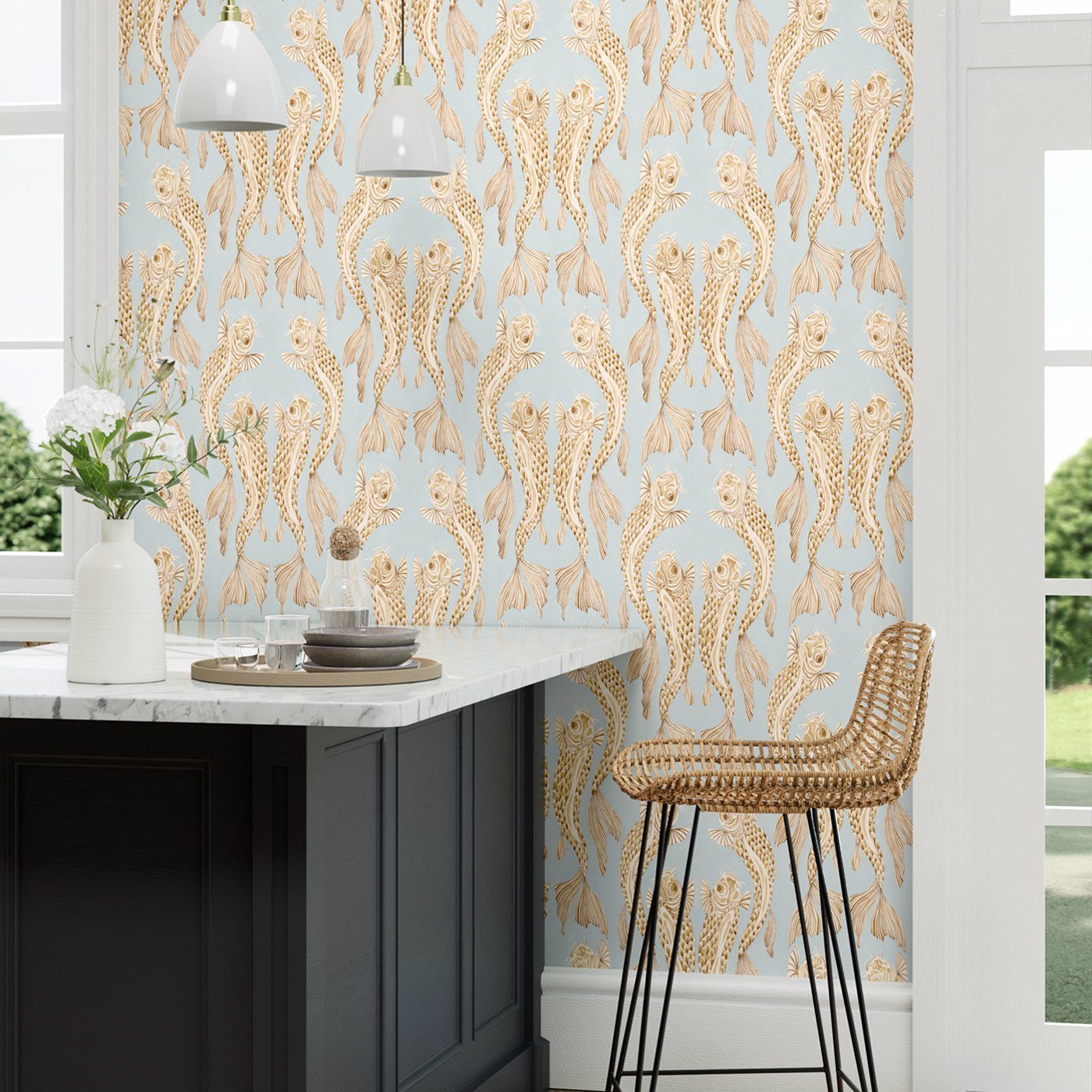 Voyaging Koi Wallpaper - Clear Sky/Persimmon - DWAW217115 - Sanderson - Premier Wallcovering