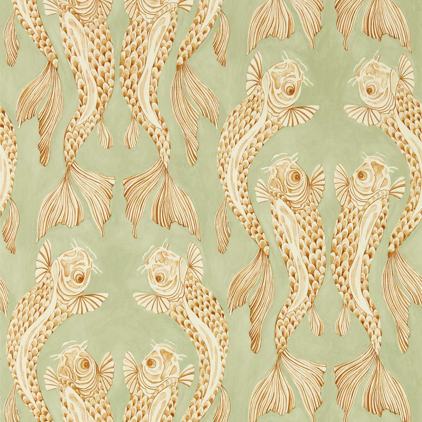 Voyaging Koi Wallpaper - Oriental Green/Honey - DWAW217114 - Sanderson - Premier Wallcovering