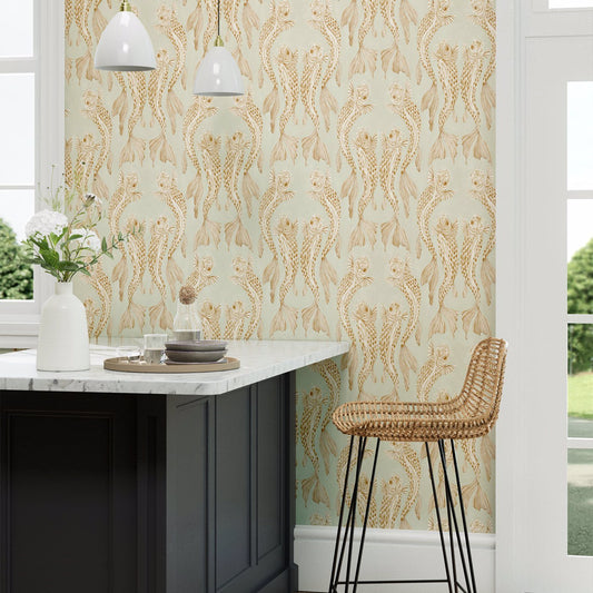 Voyaging Koi Wallpaper - Oriental Green/Honey - DWAW217114 - Sanderson - Premier Wallcovering