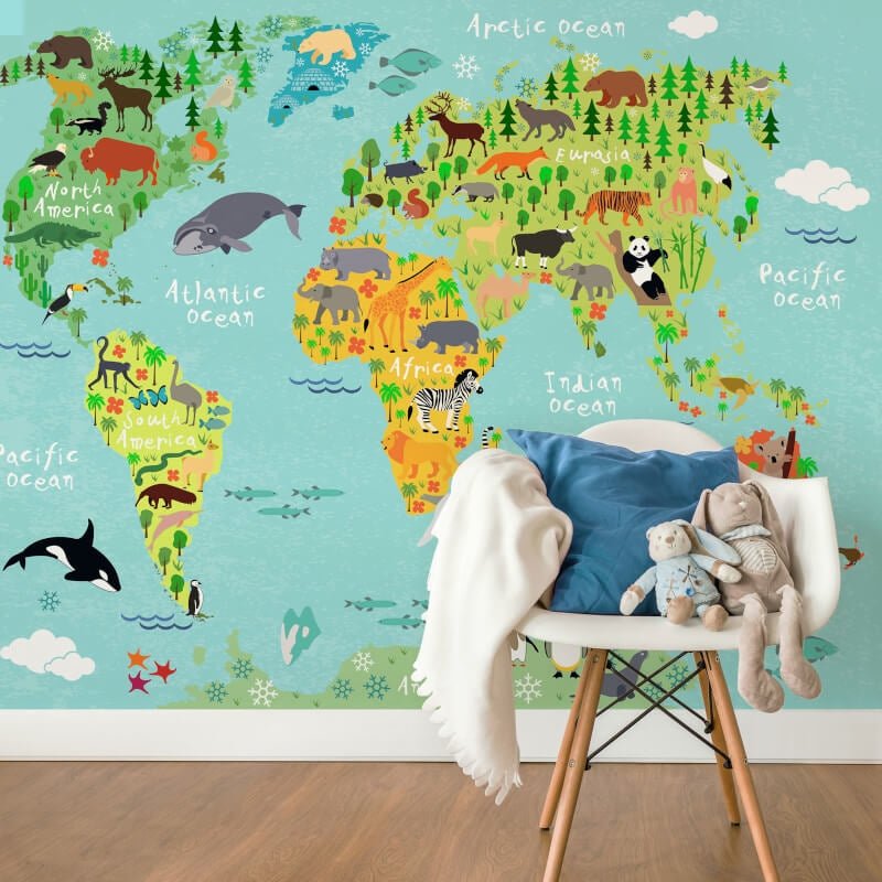 Kids World Map Animals Wall Mural - Multi - Anaglypta - 5451-8 - Premier Wallcovering