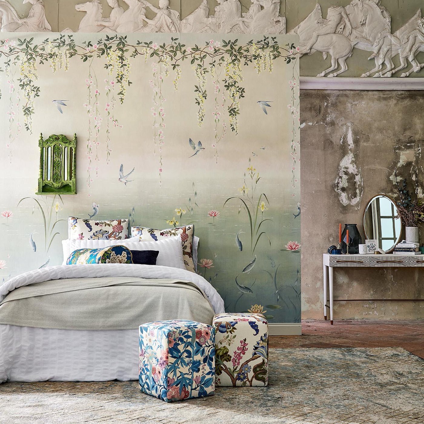 Water Garden Wallpaper - Soft Jade/Pink Blossom - DWAW217131 - Sanderson - Premier Wallcovering