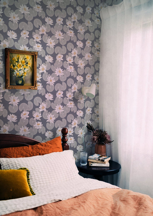 Water Lilies Wallpaper - Blue - Summer Gray - Premier Wallcovering