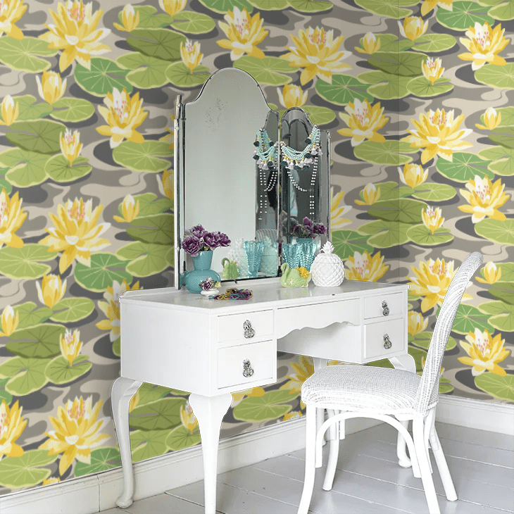 Waterlily Wallpaper - Charcoal & Mustard - Ohpopsi - IKA50105W - Premier Wallcovering