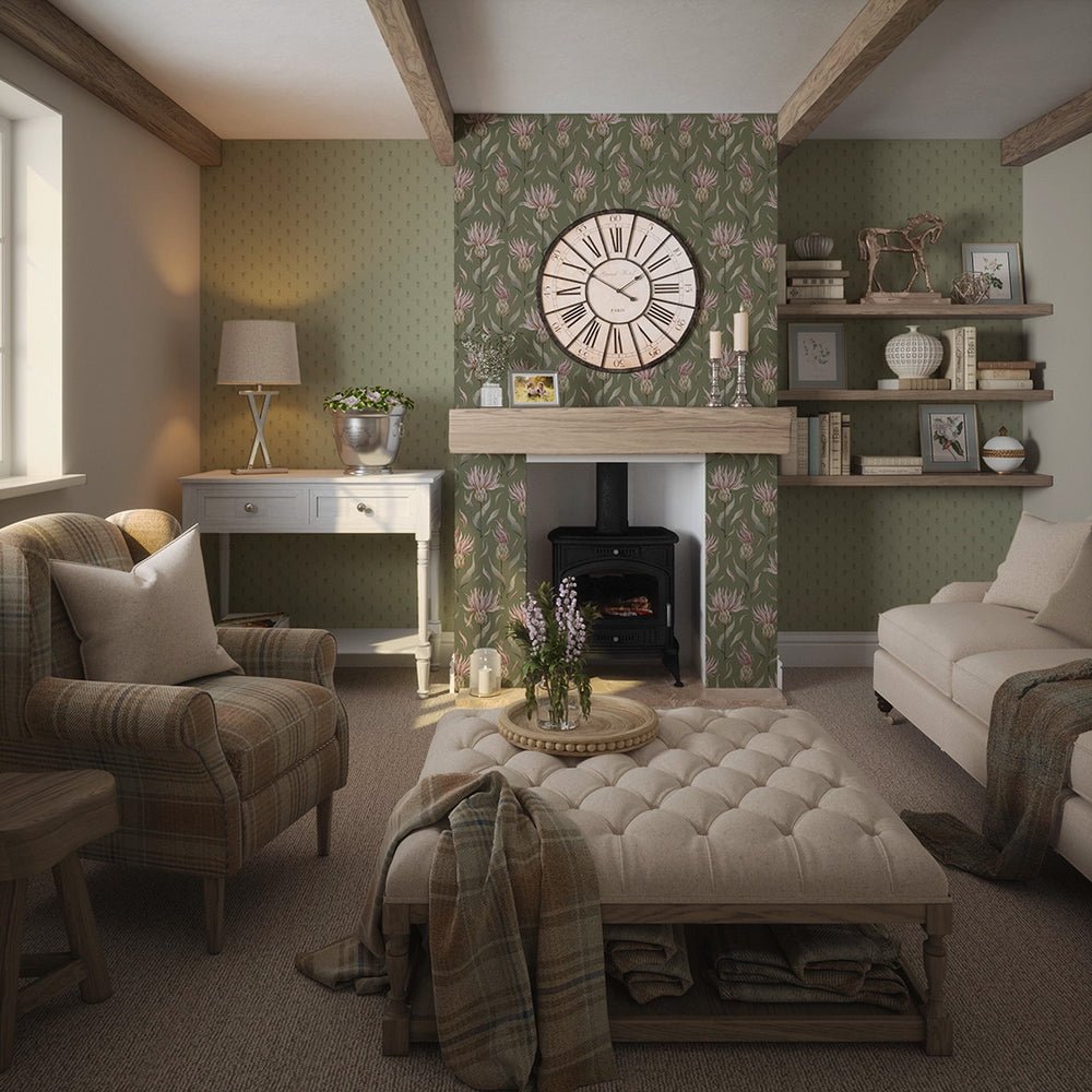 Wee Thistle Wallpaper - Slow Cooked Sage and New Forest Green - LAN100352 - Lucie Annabel - Premier Wallcovering