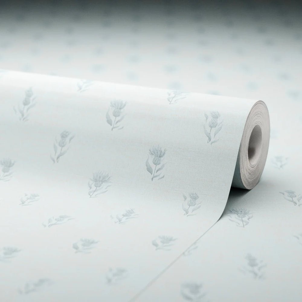 Wee Thistle Wallpaper - Cornflower Blue on Mineral Mist - LAN100354 - Lucie Annabel - Premier Wallcovering