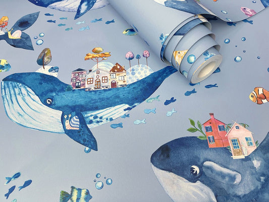 Whale Town Wallpaper - Blue - Holden Décor - 13220 - Premier Wallcovering