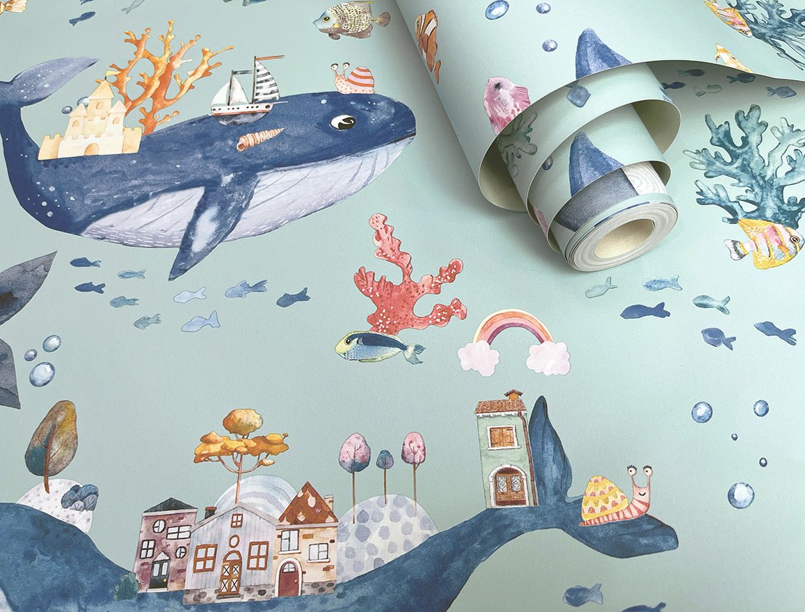 Whale Town Wallpaper - Soft Teal - Holden Décor - 13221 - Premier Wallcovering
