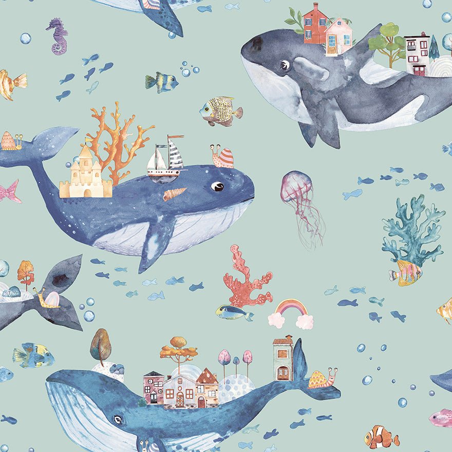 Whale Town Wallpaper - Soft Teal - Holden Décor - 13221 - Premier Wallcovering