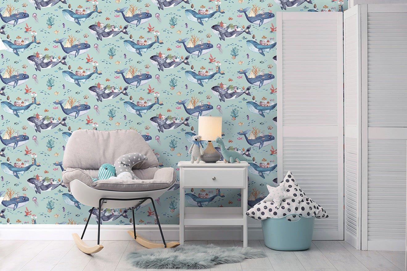 Whale Town Wallpaper - Soft Teal - Holden Décor - 13221 - Premier Wallcovering