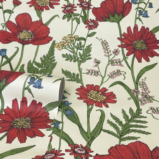 Wild Meadow Wallpaper - Red Multi - Fine Décor - FD43335 - Premier Wallcovering
