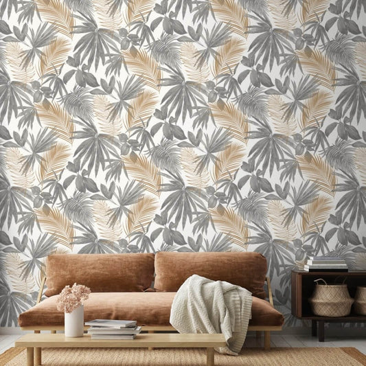 Wild Palm Leaves Metallic Wallpaper - Grey/Gold - Grandeco - JF3601 - Premier Wallcovering