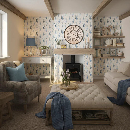 Wild Stocks Wallpaper - China Blue and Linen Cream - LAN100034 - Lucie Annabel - Premier Wallcovering